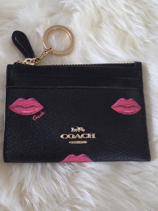 Coach Handbags - Coach Black Leather Pink Lips Mini Skinny ID Wallet & Key Ring 🖤💋🩷